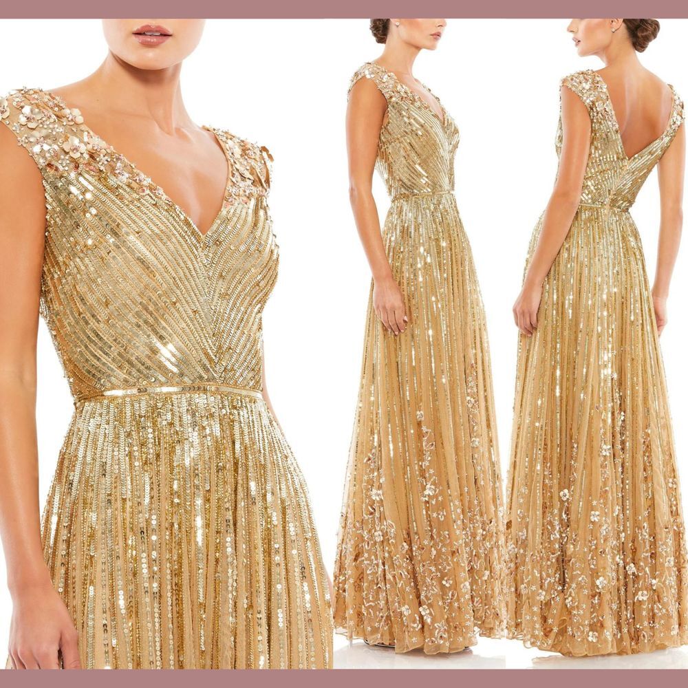 NWT $798 Mac Duggal [‎ 0 ] Sequin & Floral Embellished Evening Gown Gold #S1209